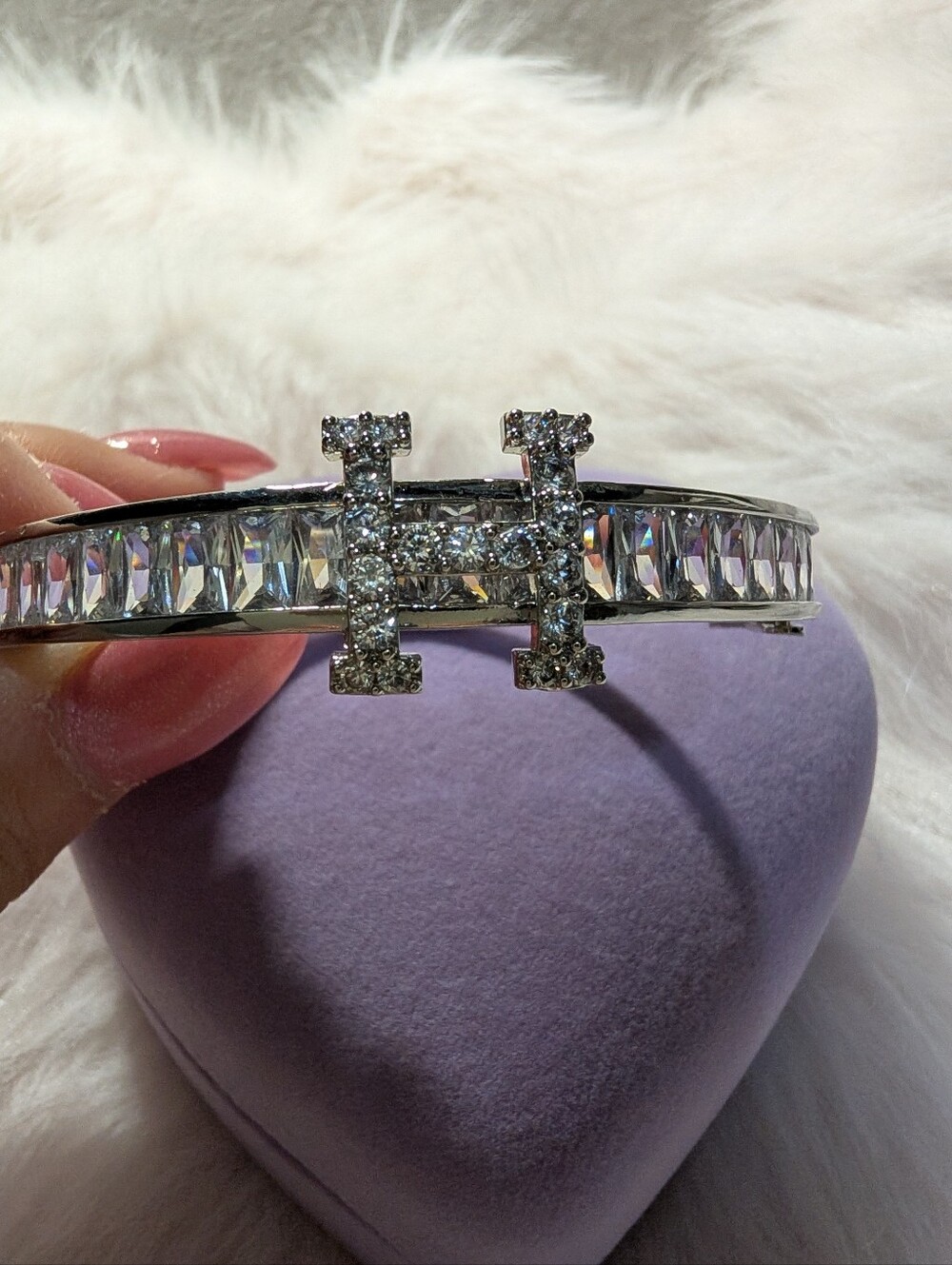 Elegant Silver-Tone Crystal "H" Hinged Bangle Bracelet | Baguette Rhinestone Cuf